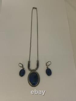 Vintage Sterling Silver Turquoise Jewelry Set Necklace Pendant Earrings