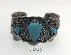 Vintage Sterling Silver Turquoise Navajo 925 Cuff Bracelet