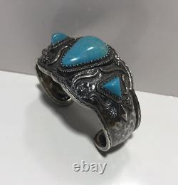 Vintage Sterling Silver Turquoise Navajo 925 Cuff Bracelet