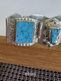 Vintage Sterling Silver Turquoise Panel Bracelet Signed 7.5 35g