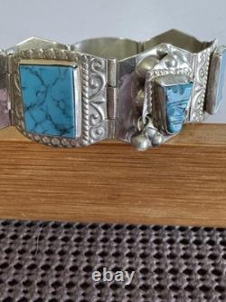 Vintage Sterling Silver Turquoise Panel Bracelet Signed 7.5 35g
