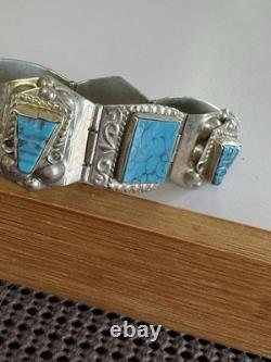 Vintage Sterling Silver Turquoise Panel Bracelet Signed 7.5 35g