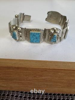 Vintage Sterling Silver Turquoise Panel Bracelet Signed 7.5 35g
