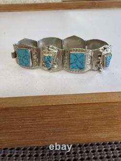 Vintage Sterling Silver Turquoise Panel Bracelet Signed 7.5 35g