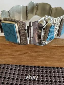 Vintage Sterling Silver Turquoise Panel Bracelet Signed 7.5 35g