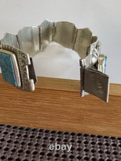 Vintage Sterling Silver Turquoise Panel Bracelet Signed 7.5 35g