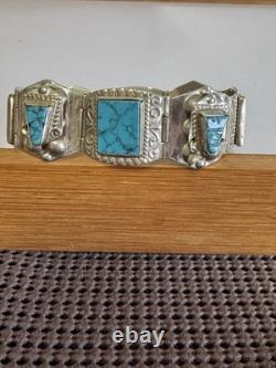 Vintage Sterling Silver Turquoise Panel Bracelet Signed 7.5 35g