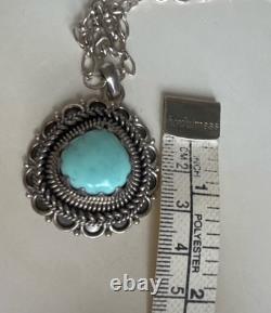Vintage Sterling Silver Turquoise Pendant Necklace 1.5 Southwestern Style 23g