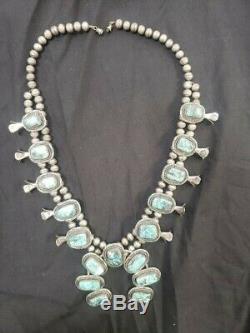 Vintage Sterling Silver Turquoise STORMY MOUNTAIN Squash Blossom Necklace