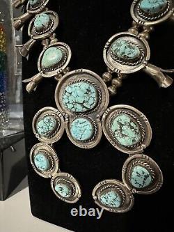 Vintage Sterling Silver Turquoise Squash Blossom Necklace