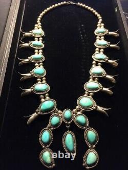 Vintage Sterling Silver Turquoise Squash Blossom Necklace With Naja