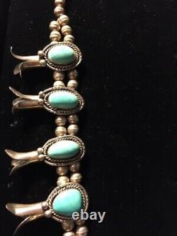 Vintage Sterling Silver Turquoise Squash Blossom Necklace With Naja