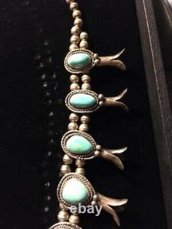 Vintage Sterling Silver Turquoise Squash Blossom Necklace With Naja