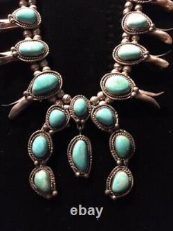 Vintage Sterling Silver Turquoise Squash Blossom Necklace With Naja
