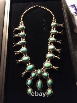 Vintage Sterling Silver Turquoise Squash Blossom Necklace With Naja