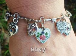 Vintage Sterling Silver Walter Lampl Puffy Heart Key Link Charm Bracelet