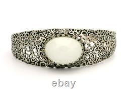 Vintage Sterling Silver White Agate Open Daisy Work Cuff Bangle Bracelet
