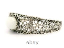 Vintage Sterling Silver White Agate Open Daisy Work Cuff Bangle Bracelet