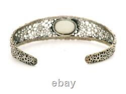 Vintage Sterling Silver White Agate Open Daisy Work Cuff Bangle Bracelet
