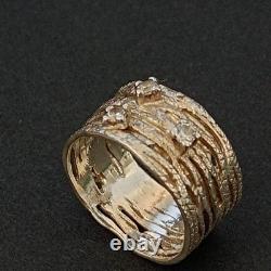 Vintage Sterling Silver Wide Band Ring Modernist Abstract Crystals Bold Wavy 925