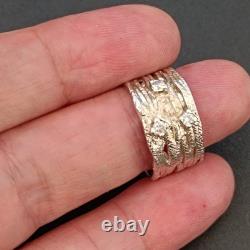 Vintage Sterling Silver Wide Band Ring Modernist Abstract Crystals Bold Wavy 925