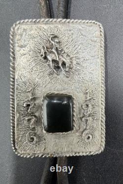 Vintage Sterling Silver Wyoming Bicentennial Bolo Tie with Majestic Jade Stone