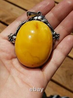 Vintage Sterling Silver and Large Untreated Baltic Butterscotch Amber Pendant