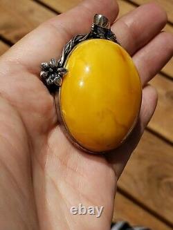 Vintage Sterling Silver and Large Untreated Baltic Butterscotch Amber Pendant