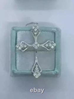 Vintage Style Filigree Cross Pendant 0.5Ct Created Diamond 14K White Gold Finish