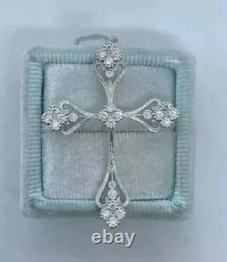Vintage Style Filigree Cross Pendant 0.5Ct Created Diamond 14K White Gold Finish