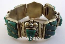 Vintage Taxco Mexico Sterling Silver Carved Green Onyx Panel Bracelet 925 Faces