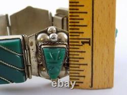 Vintage Taxco Mexico Sterling Silver Carved Green Onyx Panel Bracelet 925 Faces