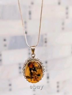 Vintage Taxco Sterling Silver Pressed Flower Pendant Necklace Resin Italy Chain