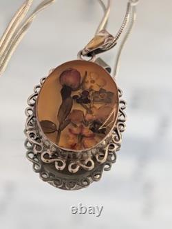 Vintage Taxco Sterling Silver Pressed Flower Pendant Necklace Resin Italy Chain