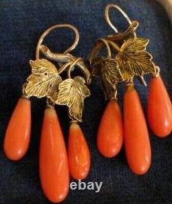 Vintage Teardrop Orange Coral Dangle Earring 925 Sterling Silver Coral Earring