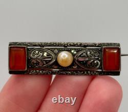 Vintage Theodor Fahrner Art Deco 935 Sterling Silver Carnelian Marcasite Brooch