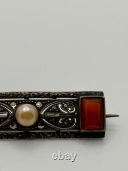 Vintage Theodor Fahrner Art Deco 935 Sterling Silver Carnelian Marcasite Brooch