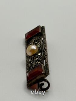 Vintage Theodor Fahrner Art Deco 935 Sterling Silver Carnelian Marcasite Brooch