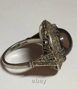 Vintage Theodor Fahrner Germany Gilt Sterling Silver Smoky Quartz Marcasite Ring