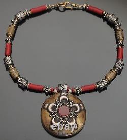 Vintage Tibetan Tribal Sterling Silver Carnelian Medallion Pendant Necklace