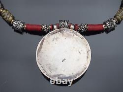 Vintage Tibetan Tribal Sterling Silver Carnelian Medallion Pendant Necklace