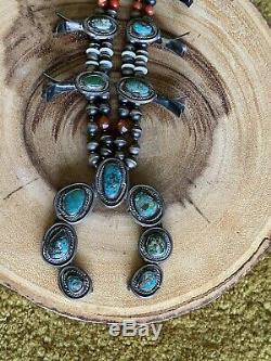 Vintage Turquoise Coral Native American Squash Blossom Necklace BIG