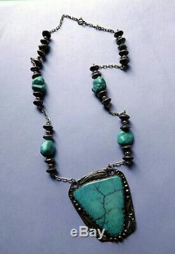 Vintage Turquoise Slab Large Pendant Sterling Silver Necklace Handmade Free Ship