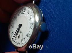 Vintage WWI Sterling Silver Trench Watch Swiss Made 16 Jewels Wire Lugs WORKS