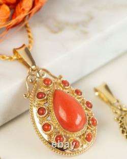 Vintage Women's Pendant Simulated Red Coral 2.4Ct Pear Sterling Silver925