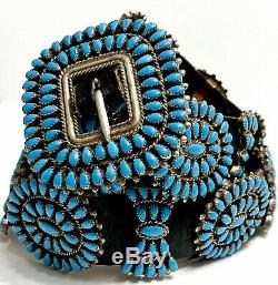 Vintage ZUNI Sterling Silver Sleeping Beauty Turquoise Cluster Concho Belt MINT