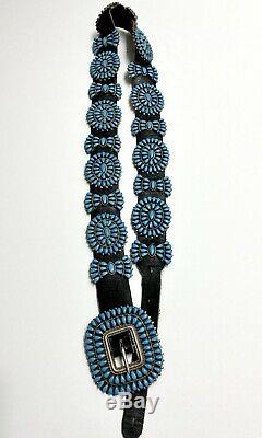 Vintage ZUNI Sterling Silver Sleeping Beauty Turquoise Cluster Concho Belt MINT