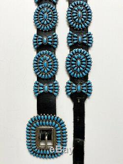 Vintage ZUNI Sterling Silver Sleeping Beauty Turquoise Cluster Concho Belt MINT