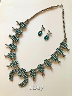 Vintage Zuni Petite Point Turquoise Squash Blossom Necklace & Earrings Signed