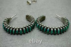 Vintage Zuni Sterling Silver Needle Point Turquoise Hoop Earrings MINT